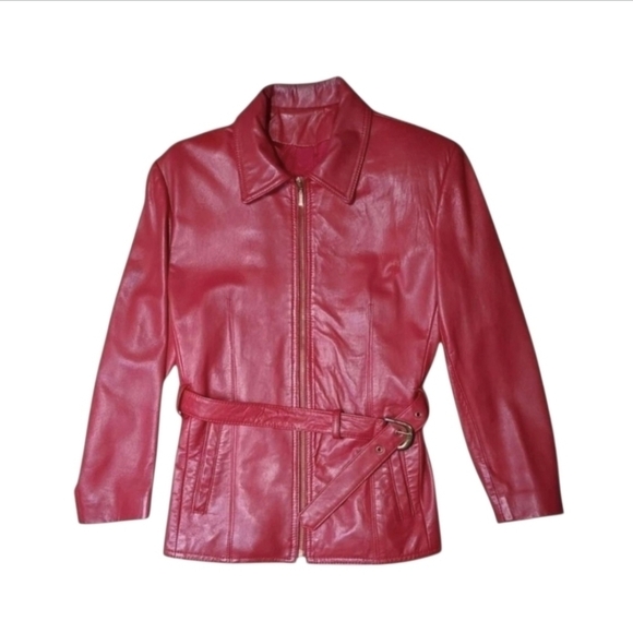 Di Capra Jackets & Blazers - Vintage 1970s Red Leather Moto Jacket Belted Women’s Small Petite | Di Capra Int